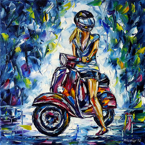 Mädchen auf einer Vespa van Mirek Kuzniar, Schilderij te koop op Singulart