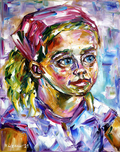Mädchen mit rosa Haarband di Mirek Kuzniar, Pittura in vendita su Singulart