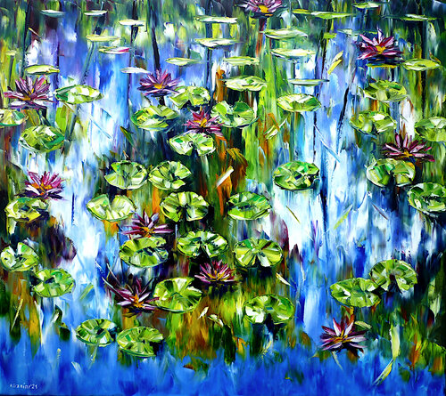Wasserlilien und Lotusblüten par Mirek Kuzniar, Peinture en vente sur Singulart
