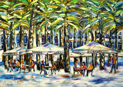 Unter den Palmen von Barcelona di Mirek Kuzniar, Pittura in vendita su Singulart
