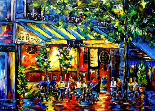 Café le Parvis am Abend par Mirek Kuzniar, Peinture en vente sur Singulart