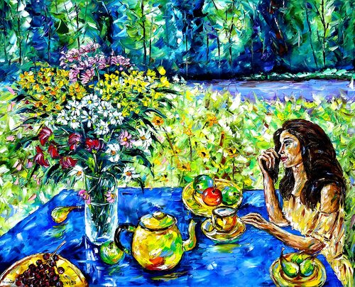 Die Frau am Gartentisch van Mirek Kuzniar, Schilderij te koop op Singulart