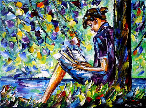 Lektüre am Fluss di Mirek Kuzniar, Pittura in vendita su Singulart
