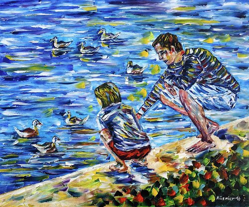 Beim Enten füttern van Mirek Kuzniar, Schilderij te koop op Singulart