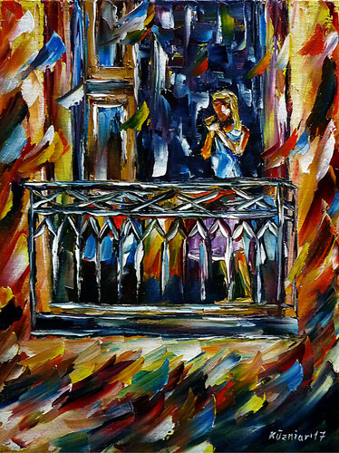 Frau Auf Dem Balkon, Havanna par Mirek Kuzniar, Peinture en vente sur Singulart