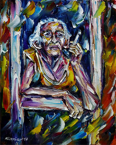 Rauchende alte Frau, Havanna van Mirek Kuzniar, Schilderij te koop op Singulart