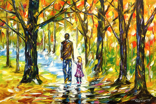 Vater mit Tochter im Wald di Mirek Kuzniar, Pittura in vendita su Singulart