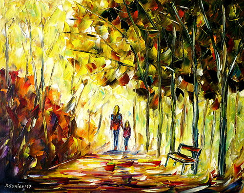 Mutter mit Tochter im Park par Mirek Kuzniar, Peinture en vente sur Singulart