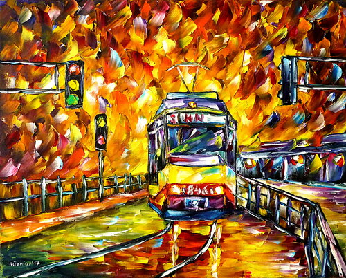 Heilbronner Stadtbahn im Abendrot par Mirek Kuzniar, Peinture en vente sur Singulart