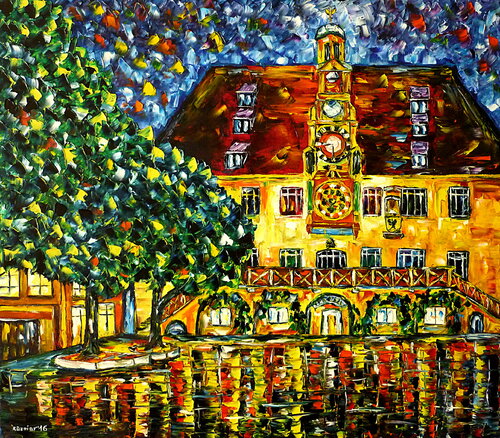 Heilbronner Rathaus am Abend by Mirek Kuzniar, Painting for Sale on Singulart