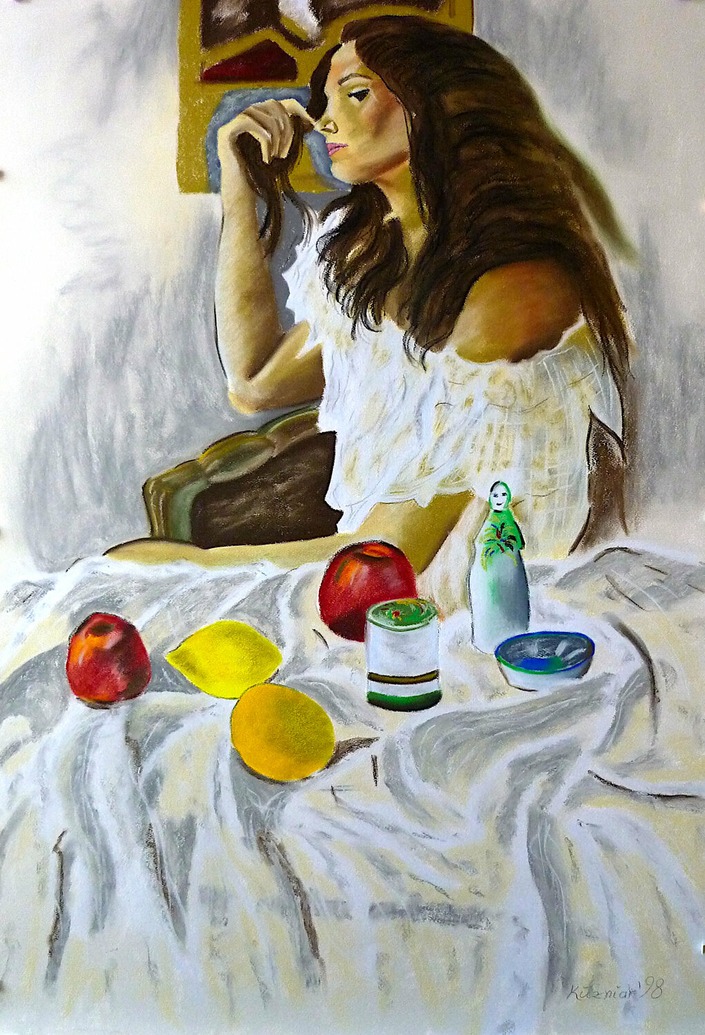 Die Frau am Tisch (1998) Mirek Kuzniar Werk auf Papier zu verkaufen