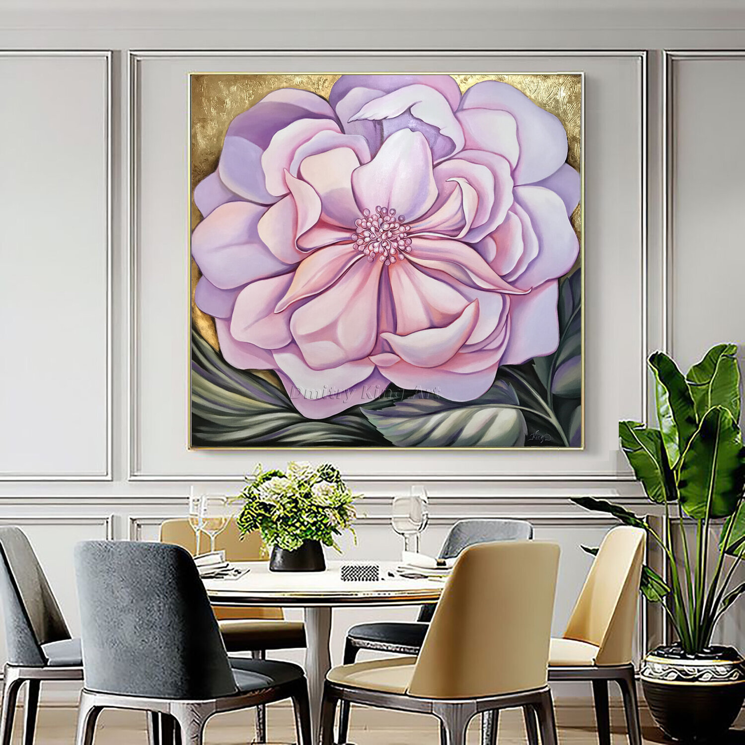 Large Pink Rose Flower di Dmitry King (2023): Pittura a Acrilico, Foglia  d'oro su Tela - Singulart, image size:1500x1500