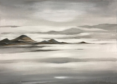 In the middle of stillness - minimalist abstract landscape, gray calming painting de Dmitry King, Pintura a la venta en Singulart