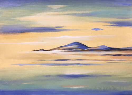 Summer Morning - minimalist abstract landscape, blue beige calming painting de Dmitry King, Pintura a la venta en Singulart