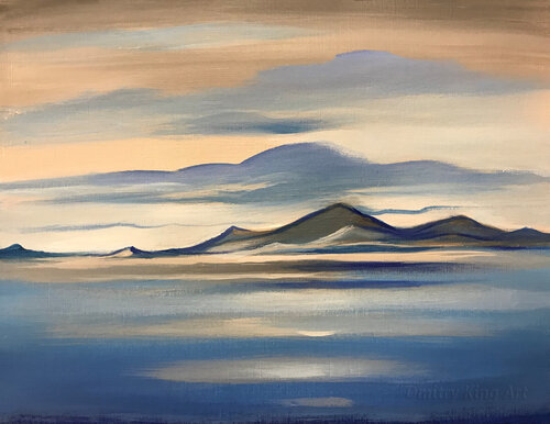 Quiet Night - Blue Beige Luxury Landscape Art for Living Room de Dmitry King, Pintura a la venta en Singulart