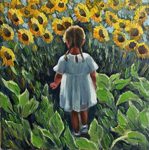 Amid  the  Sunflowers di Anna Reznikova, Pittura in vendita su Singulart