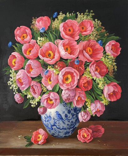 Bouquet Peonies  in Chinese Vase van Anna Reznikova, Schilderij te koop op Singulart