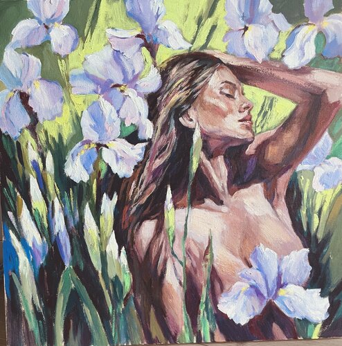 Among the Irises di Anna Reznikova, Pittura in vendita su Singulart