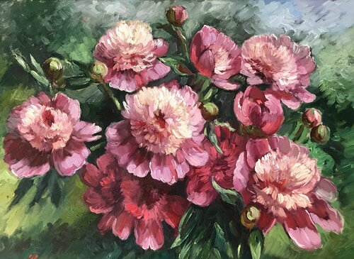 Peonies in Garden di Anna Reznikova, Pittura in vendita su Singulart