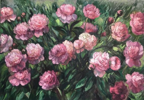 Peonies in Garden di Anna Reznikova, Pittura in vendita su Singulart