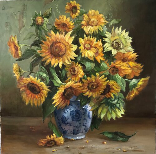 Sunflowers in Chinese vase von Anna Reznikova, Malerei kaufen auf Singulart