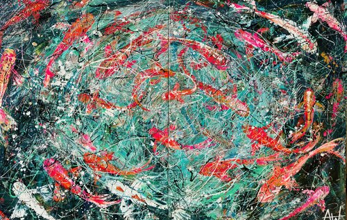 Koi - Large painting on two panels di Angie Wright, Pittura in vendita su Singulart
