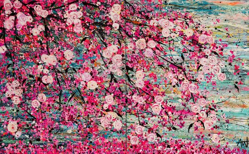 Cherry Blossoms on water - Large painting (Diptych) di Angie Wright, Pittura in vendita su Singulart