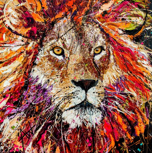 Hunter - Portrait of a lion di Angie Wright, Pittura in vendita su Singulart