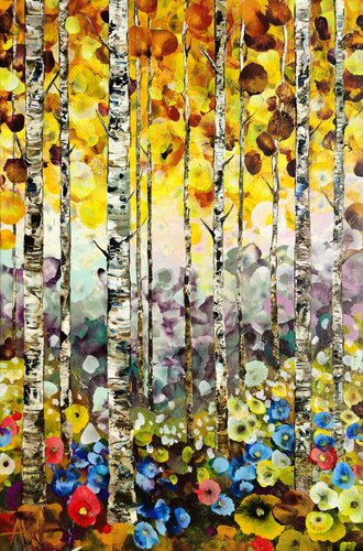 Golden Birch Garden – Vibrant Autumn Birch Tree and Floral Oil Painting by Angie Wright, 회화 for Sale on Singulart