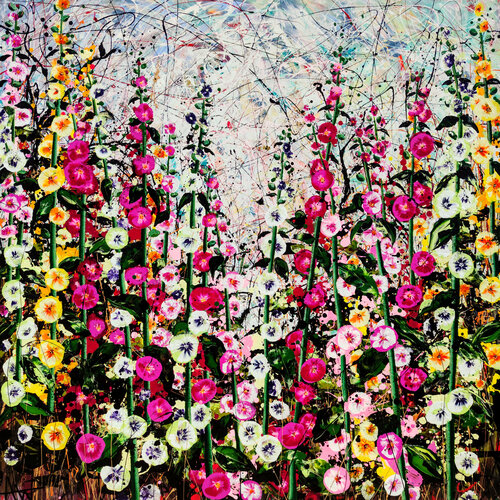 Wild Summer Hollyhocks - Very large painting di Angie Wright, Pittura in vendita su Singulart