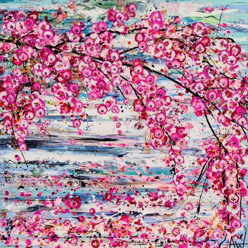 Cherry Blossoms on Water di Angie Wright, Pittura in vendita su Singulart