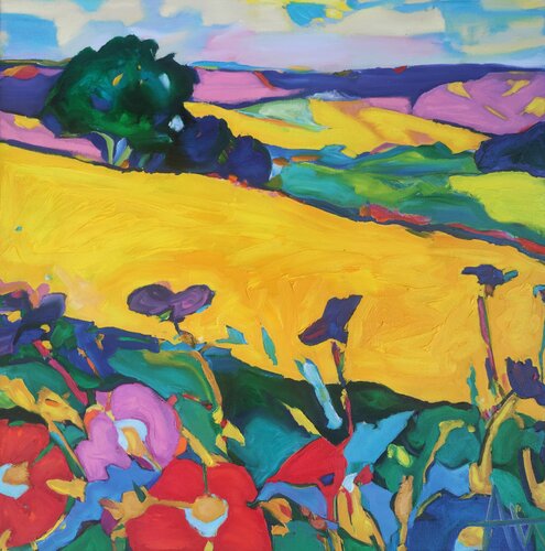 Wildflowers and Wheat Fields di Angie Wright, Pittura in vendita su Singulart