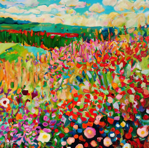 Pine Trees and Poppies di Angie Wright, Pittura in vendita su Singulart