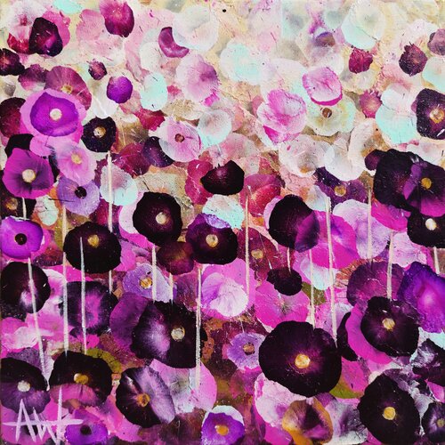 Pink Petal Joy - Abstract Floral Oil Painting with Vibrant Pink and Violet Blooms de Angie Wright, Pintura a la venta en Singulart