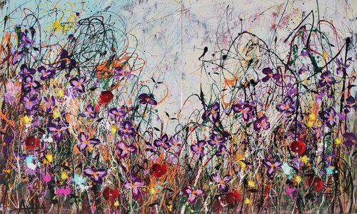 Where The Wild Flowers Bloom (Diptych) - Large painting di Angie Wright, Pittura in vendita su Singulart