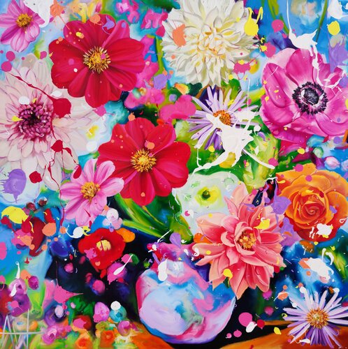 Rosy Posy Pink Floral Kiss di Angie Wright, Pittura in vendita su Singulart