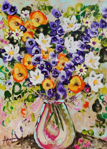 Lilies and Larkspur – Vibrant Contemporary Flower Oil Painting di Angie Wright, Pittura in vendita su Singulart