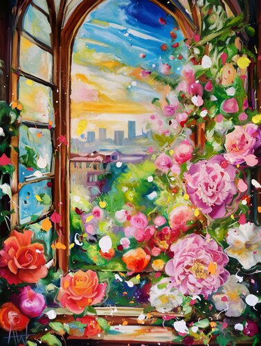 Roses and Rooftops di Angie Wright, Pittura in vendita su Singulart