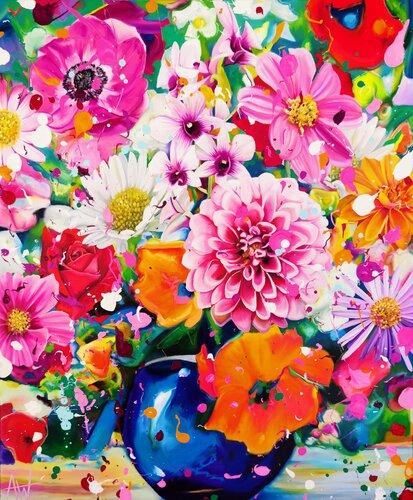 Blooming Whimsey - A Colorful Floral Still Life inspired by Van Gogh di Angie Wright, Pittura in vendita su Singulart