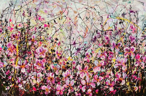 Wildly Pink -  A Pollock Affair Large Oil Painting von Angie Wright, Malerei kaufen auf Singulart