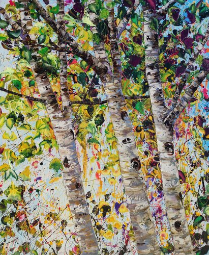 Birch Grove, A Love of David Hockney and Trees, Large Oil Painting by Angie Wright, Painting for Sale on Singulart
