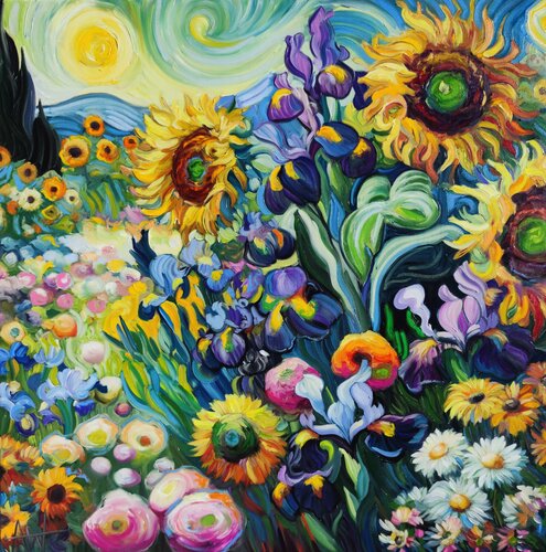 Sunflowers and Irises - Inspired by Van Gogh par Angie Wright, Peinture en vente sur Singulart
