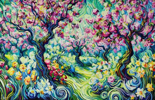 The Midnight Orchard - Cherry Tree Landscape von Angie Wright, Malerei kaufen auf Singulart