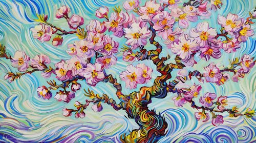 Hanami Bliss - Large Cherry Blossom Landscape by Angie Wright, 회화 for Sale on Singulart