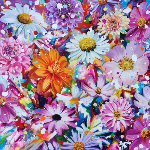 Pink Palooza - Abstract Flowers by Angie Wright, Painting for Sale on Singulart