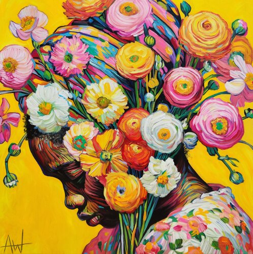 A Head Full of Flowers - Vibrant Portrait in Yellow de Angie Wright, Pintura a la venta en Singulart