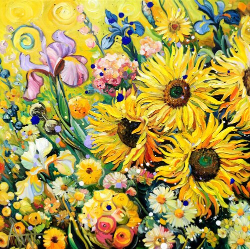 Sunflower Jamboree - Wildflower Garden by Angie Wright, 회화 for Sale on Singulart