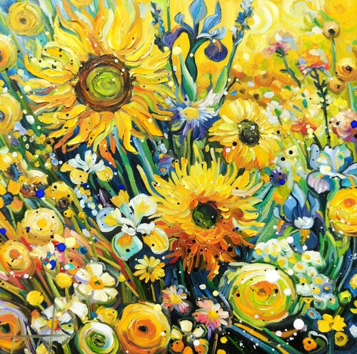 Sunburst Garden - Sunflowers Portrait van Angie Wright, Schilderij te koop op Singulart