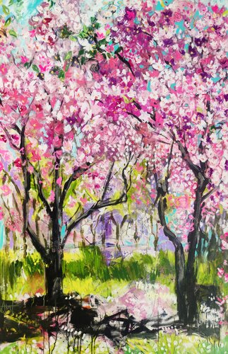 A Walk in the Park - Large Artwork, Van Gogh Inspired Cherry Blossom Trees by Angie Wright, Painting for Sale on Singulart