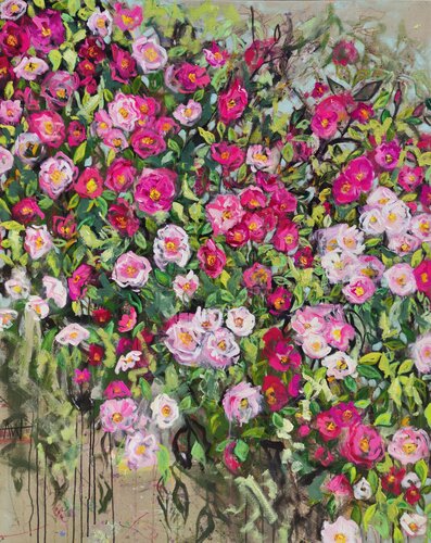 Briar Rose Bush – Large, Expressive Floral Painting of Wild Pink Roses von Angie Wright, Malerei kaufen auf Singulart